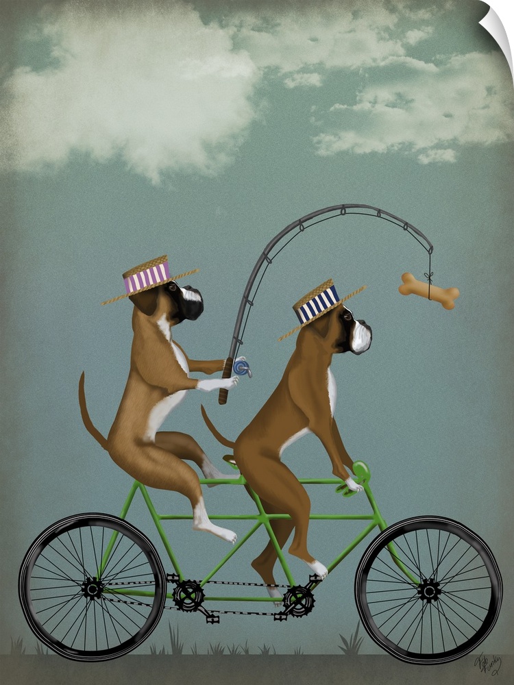 Decorative artwork of two boxers wearing hats riding on a green tandem bicycle with the dog in the back holding a fishing ...