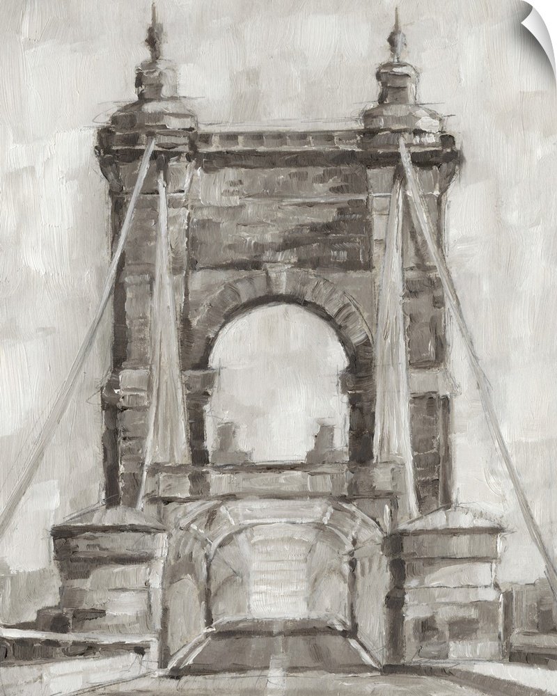 Gray-scale contemporary painting of a bridge.