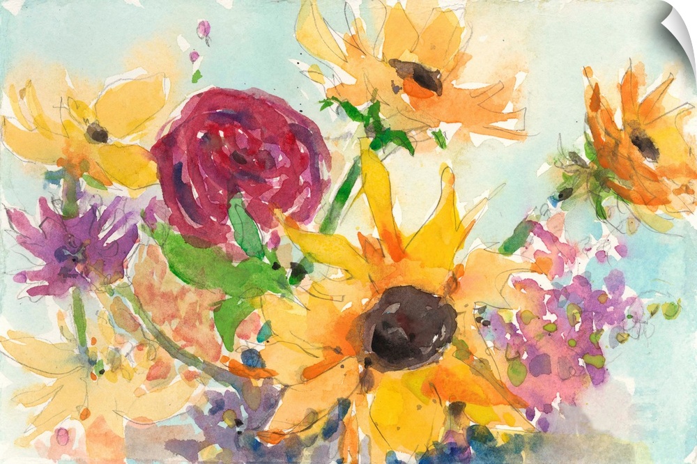 Horizontal painting of a bouquet of summer wild flowers.