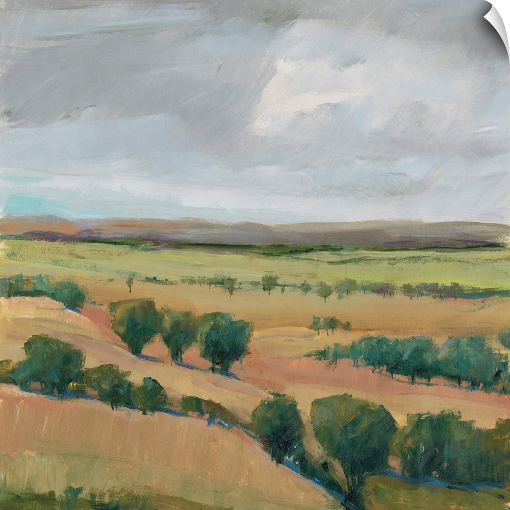 Contemporary landscape painting of hills dotted with trees under a cloudy sky.