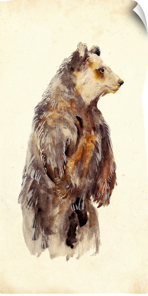 Large panel painting of an upright grizzly bear from the side.