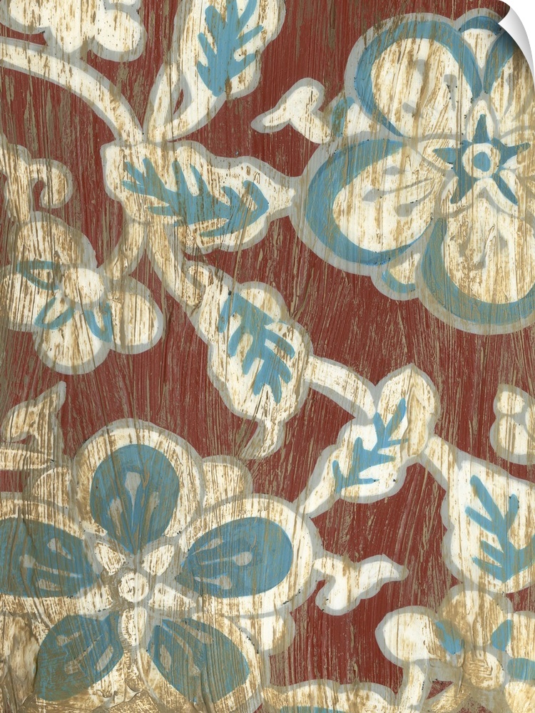 Contemporary colorful textile incorporating floral elements.