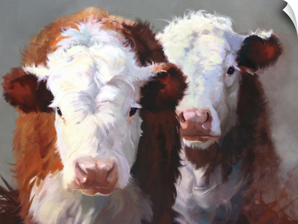 Contemporary painting of two brown and white cows standing closely together.