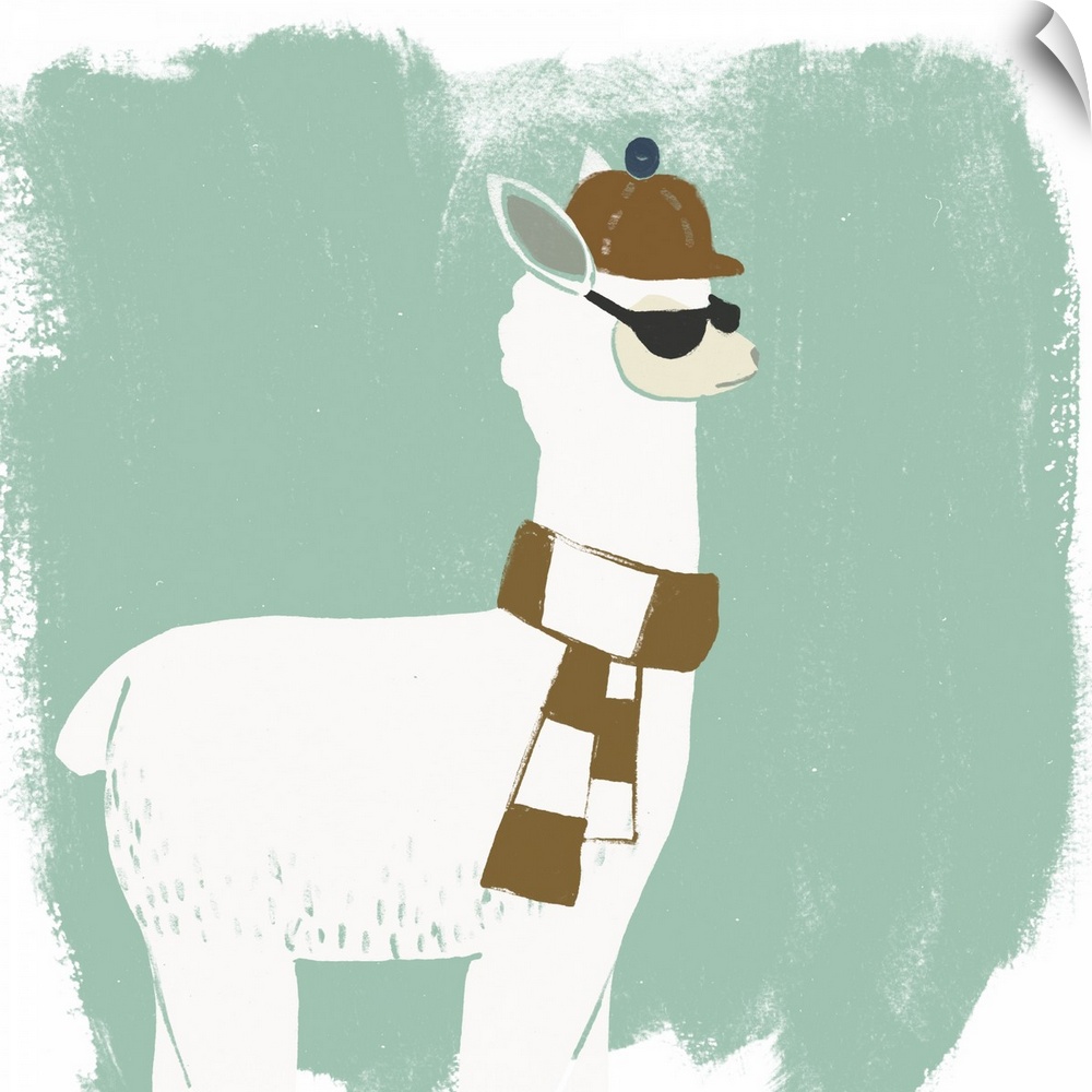 A hipster llama wearing a brown scarf against a distressed mint background fills this decorative artwork.