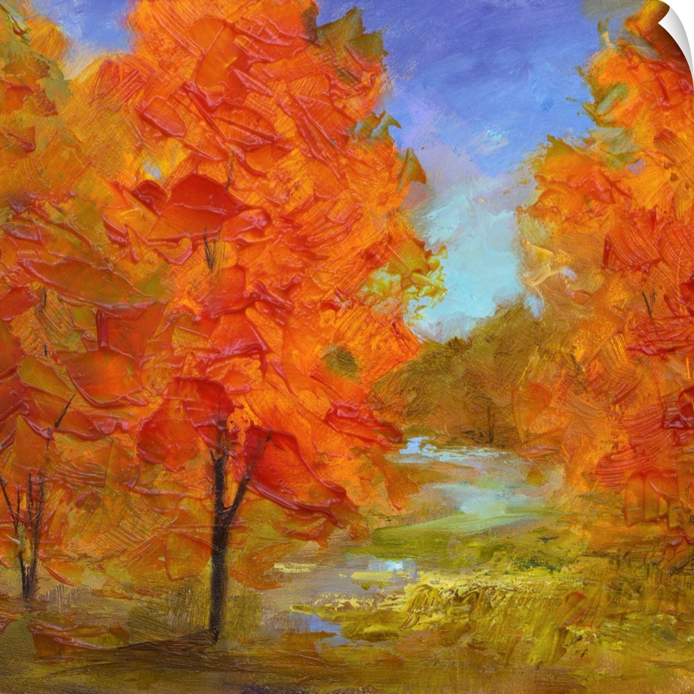 Contemporary artwork of a grove of trees with bright orange leaves.