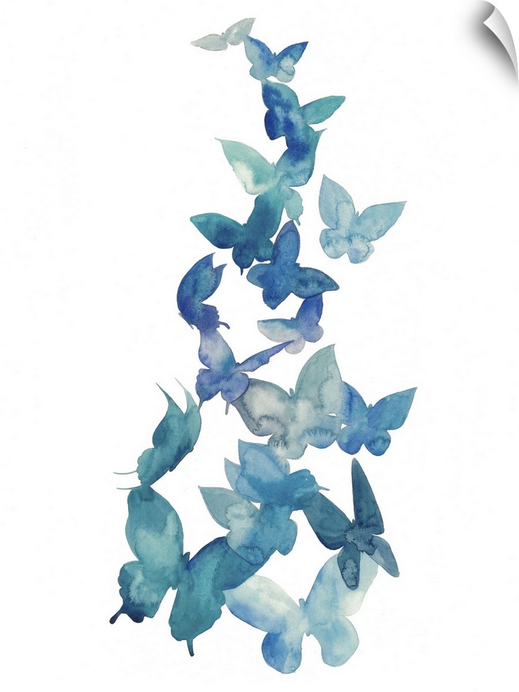 Blue watercolor butterflies ascending against a white background.