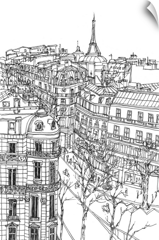 Illustrated cityscape of Paris with a view of the Eiffel Tower and urban buildings.