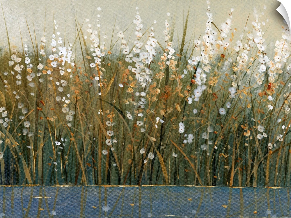 Contemporary painting of wild flowering grasses by the water.