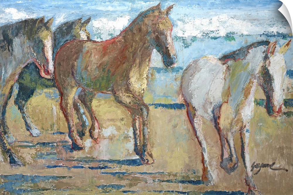 Contemporary art print of a herd of horses trotting along the beach.