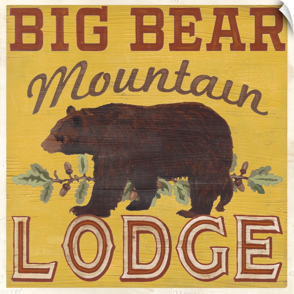 Decorative sign for a cabin or lodge that reads "Big Bear Mountain Lodge."