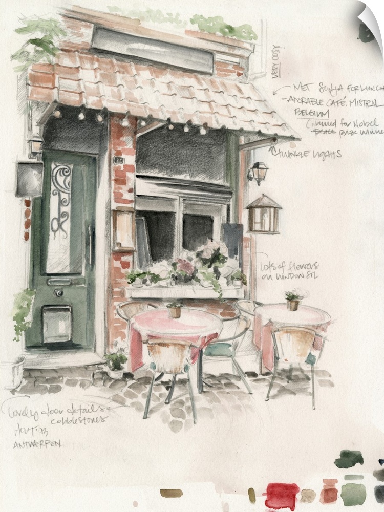 Watercolor painting of the outside of a restaurant with swatches and notes from the artist on the edges.