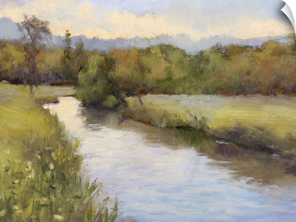 Contemporary painting of a river cutting through a green countryside.