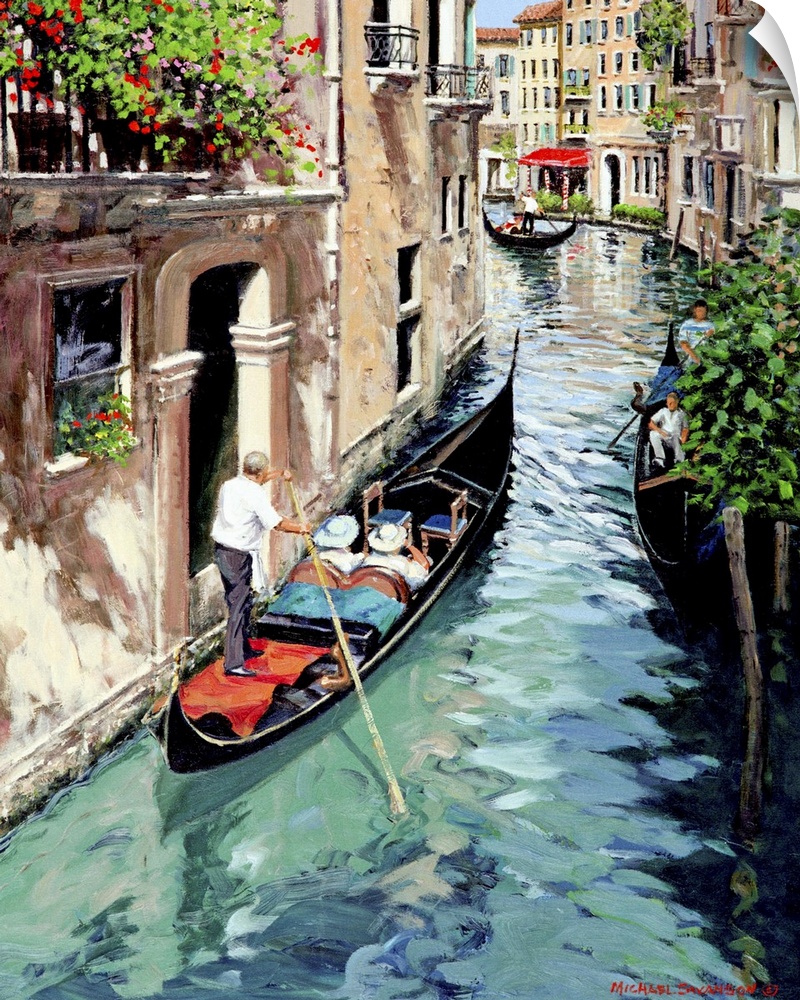 Contemporary artwork of a street scene in the Italian town of Venice.