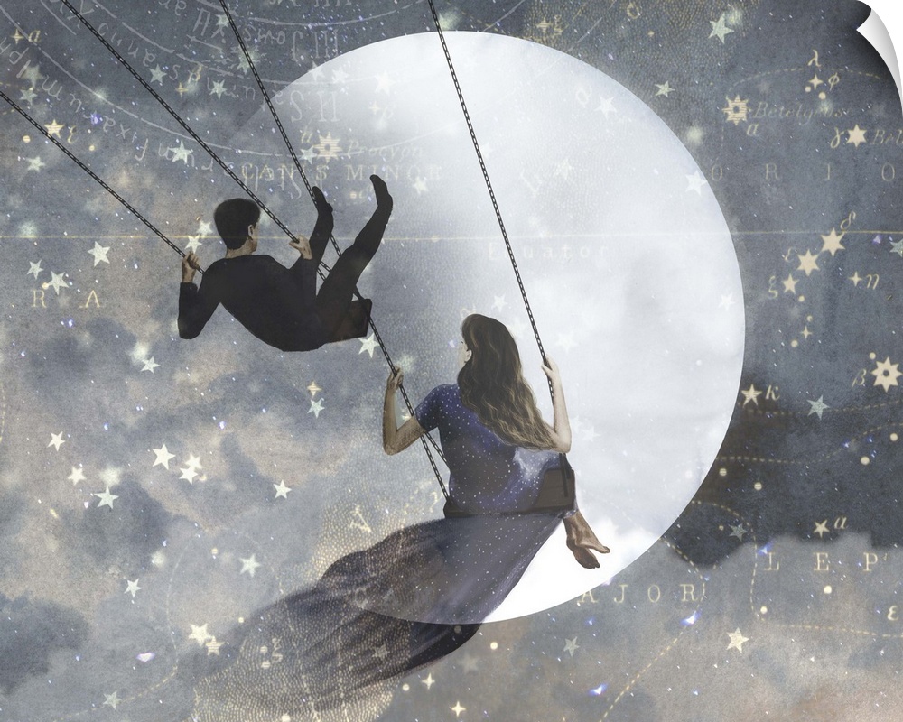 Whimsical design of a couple on swings, flying through the clouds on a starry night with a full moon.