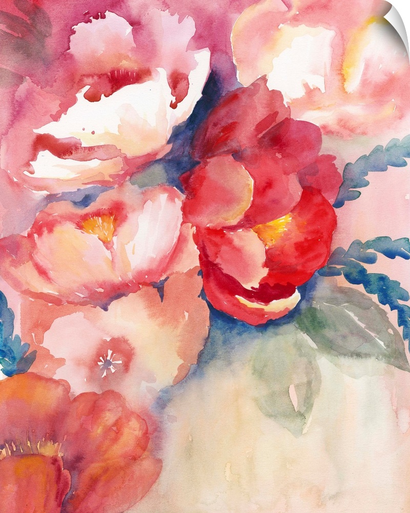 Contemporary flower painting using vibrant red tones ranging from light to dark.
