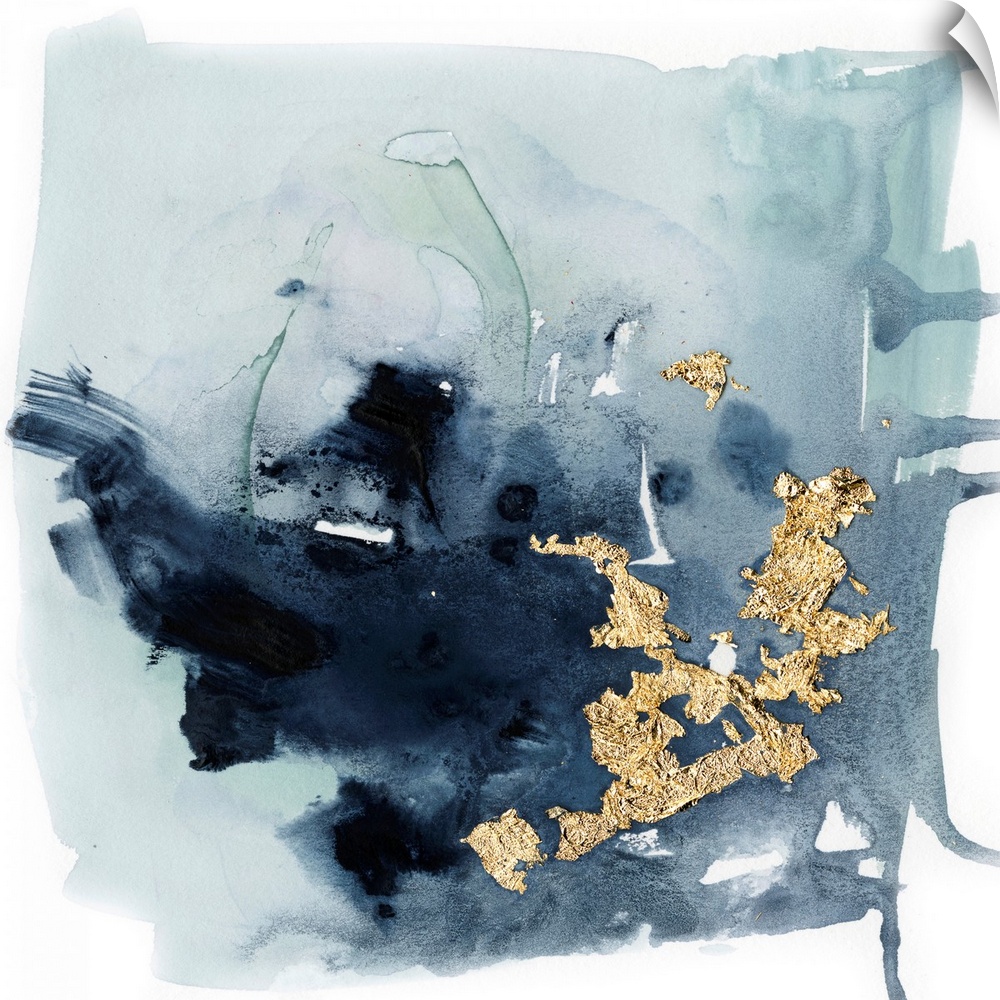 Watercolor painting of chaotic brush strokes of blue/gray tones with metallic gold leaf accents.