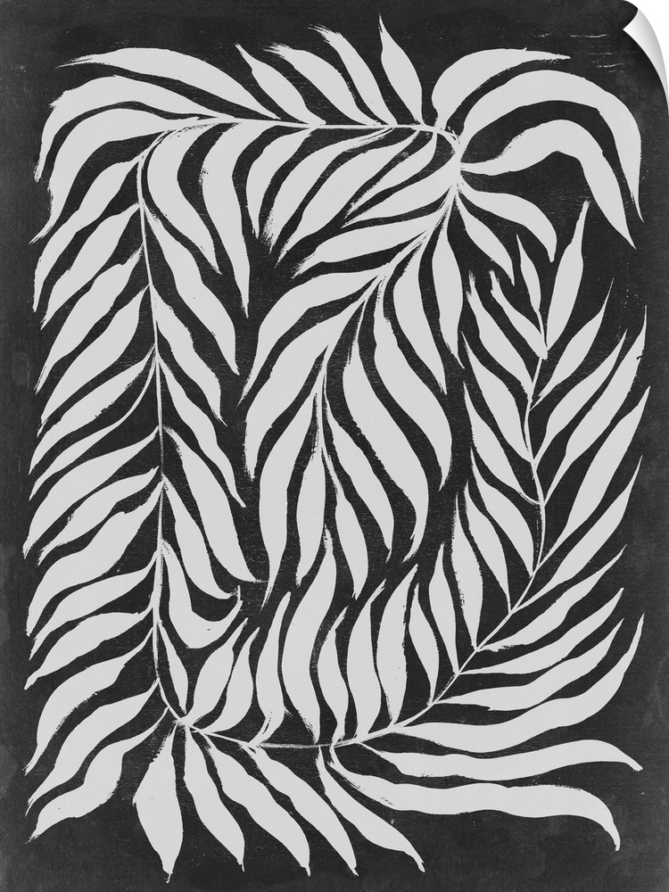 A minimalist contemporary illustration of a large leafy vine filling the whole space. In modern shades of white on a black...