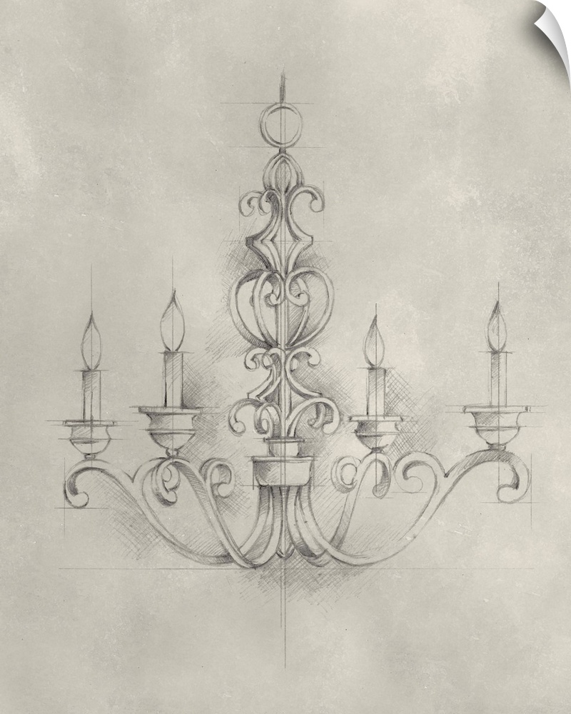This artwork features a drawing of a decorative chandelier with framework lines and cross hatching against a mottled backg...