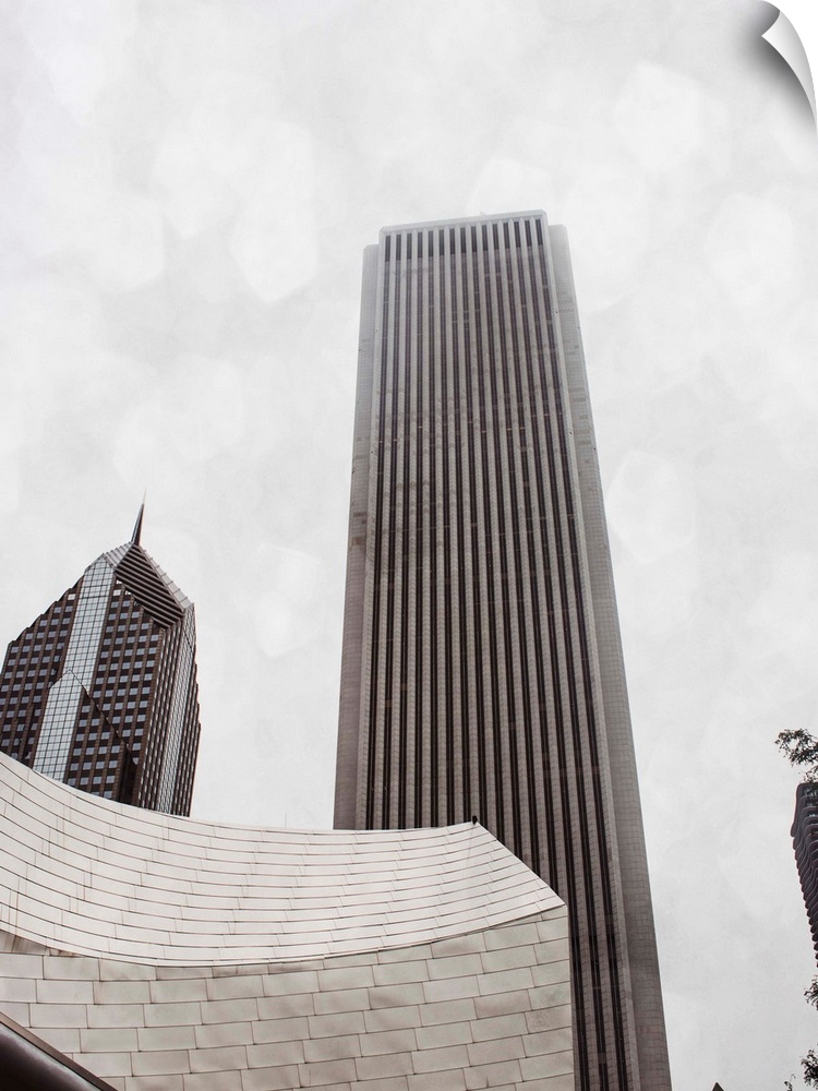 In this photograph of skyscrapers, elegant architectural details overlap one another to create a compelling synergy.