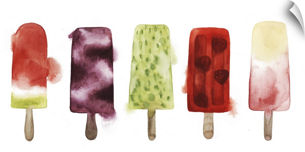 Contemporary watercolor painting of a row of colorful frozen treats.