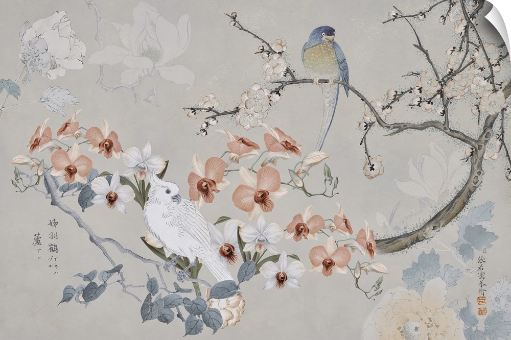 An elegant and soothing art piece showing a pair of birds perched on a flowering branch, accented with chinese letter symbols