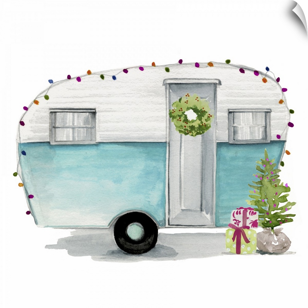 Square holiday image of a vintage teardrop trailer, decorated with multi-colored lights and a Christmas tree.