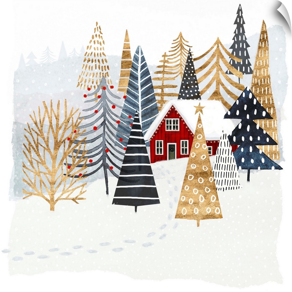 Festively patterned trees in gold and shades of blue surround a red house and embellish a snowy landscape in this decorati...