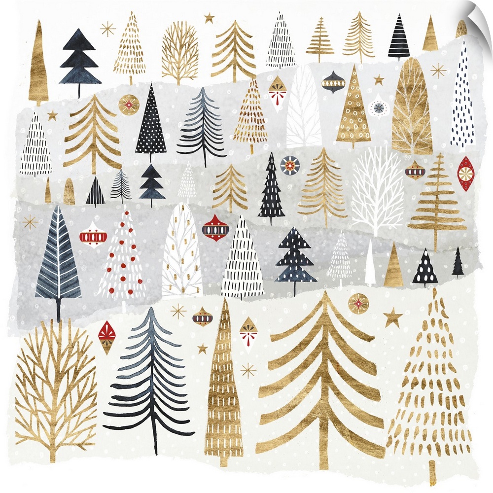 Ornaments and festively patterned trees in gold and shades of blue embellish a snowy landscape in this decorative holiday ...
