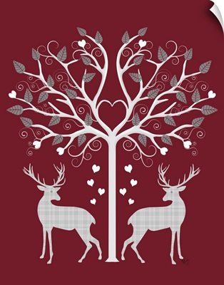 Christmas Des - Deer and Heart Tree, Grey on Red