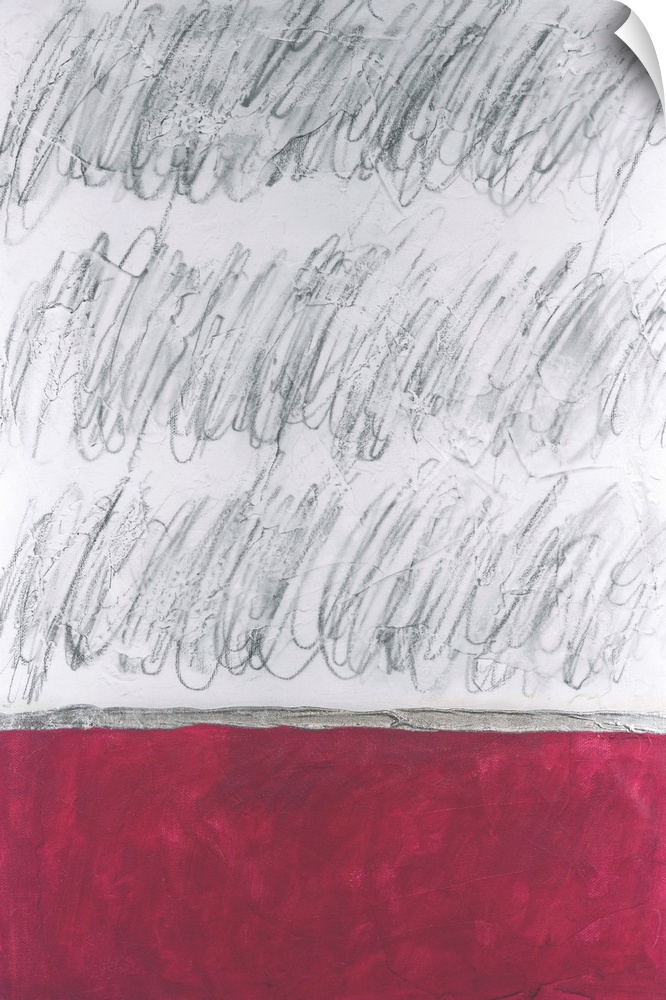 A vertical contemporary abstract image with charcoal scribbles above a solid red block