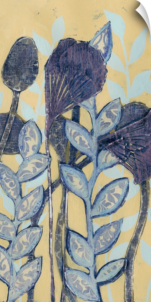 Contemporary home decor artwork of blue flowers against a cream background.
