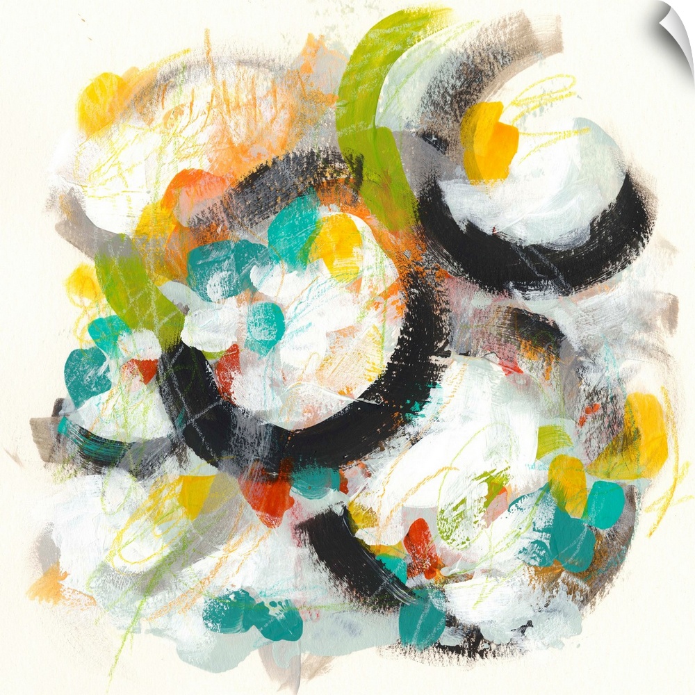Contemporary abstract painting using vibrant colors and circular shapes.