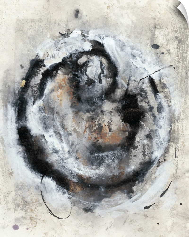 Brush strokes in shades of black, gray and rust pulsate in a circular pattern over a distressed background.
