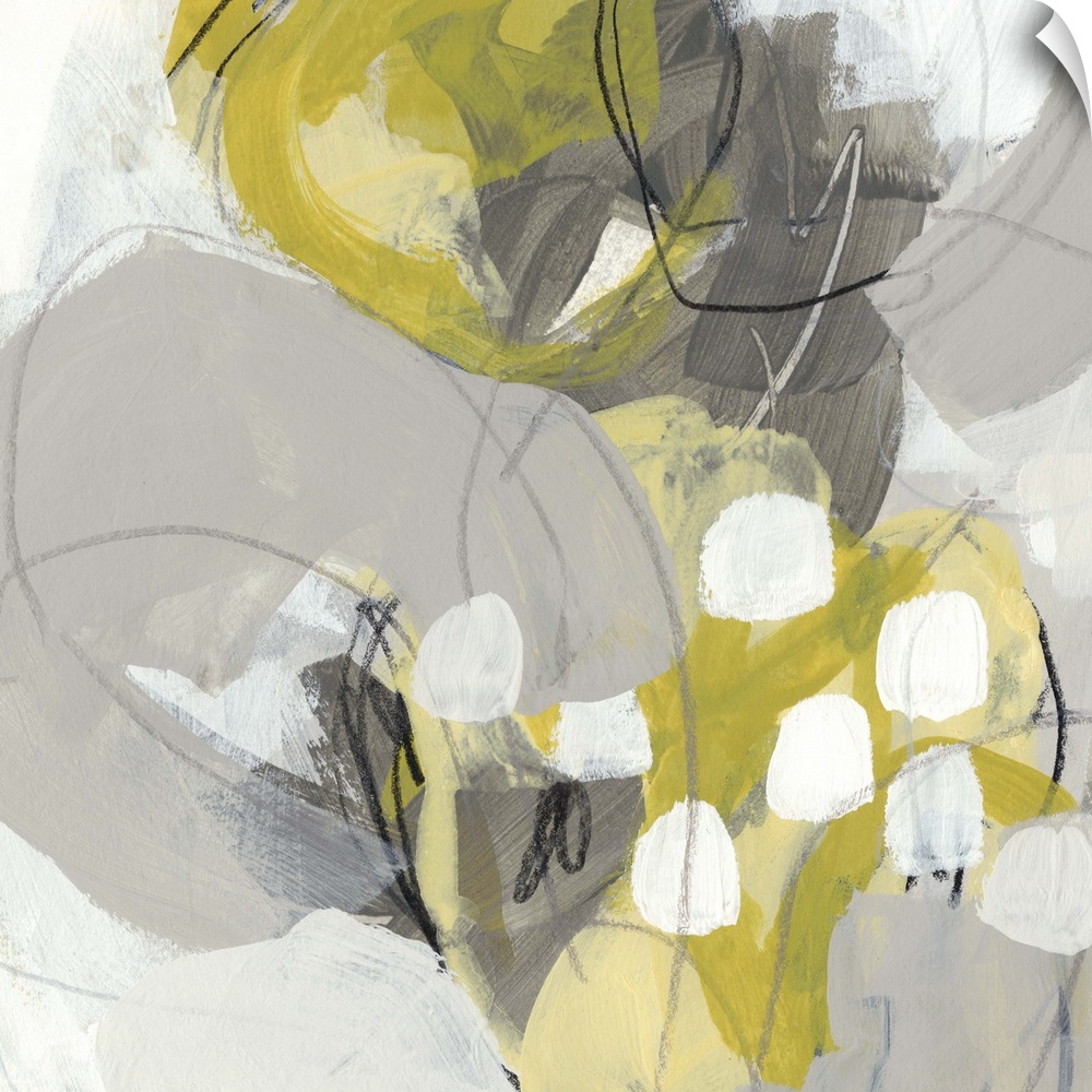 Square abstract painting in yellow, gray and white in overlapping circular shapes with fine scribble lines of gray and black.