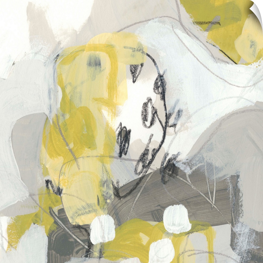 Square abstract painting in yellow, gray and white in overlapping circular shapes with fine scribble lines of gray and black.