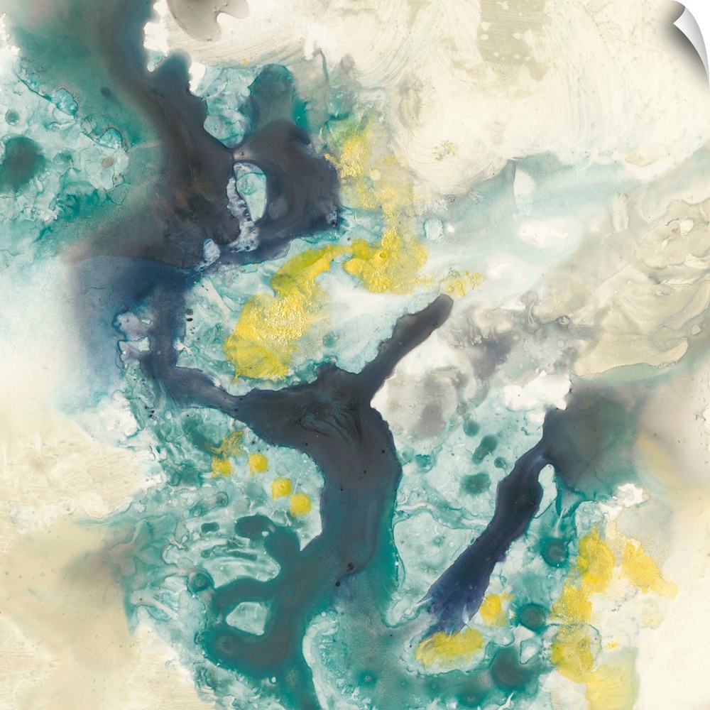 Abstract artwork of fluid paint in shades of green, blue and yellow glide against a khaki color over a white background.