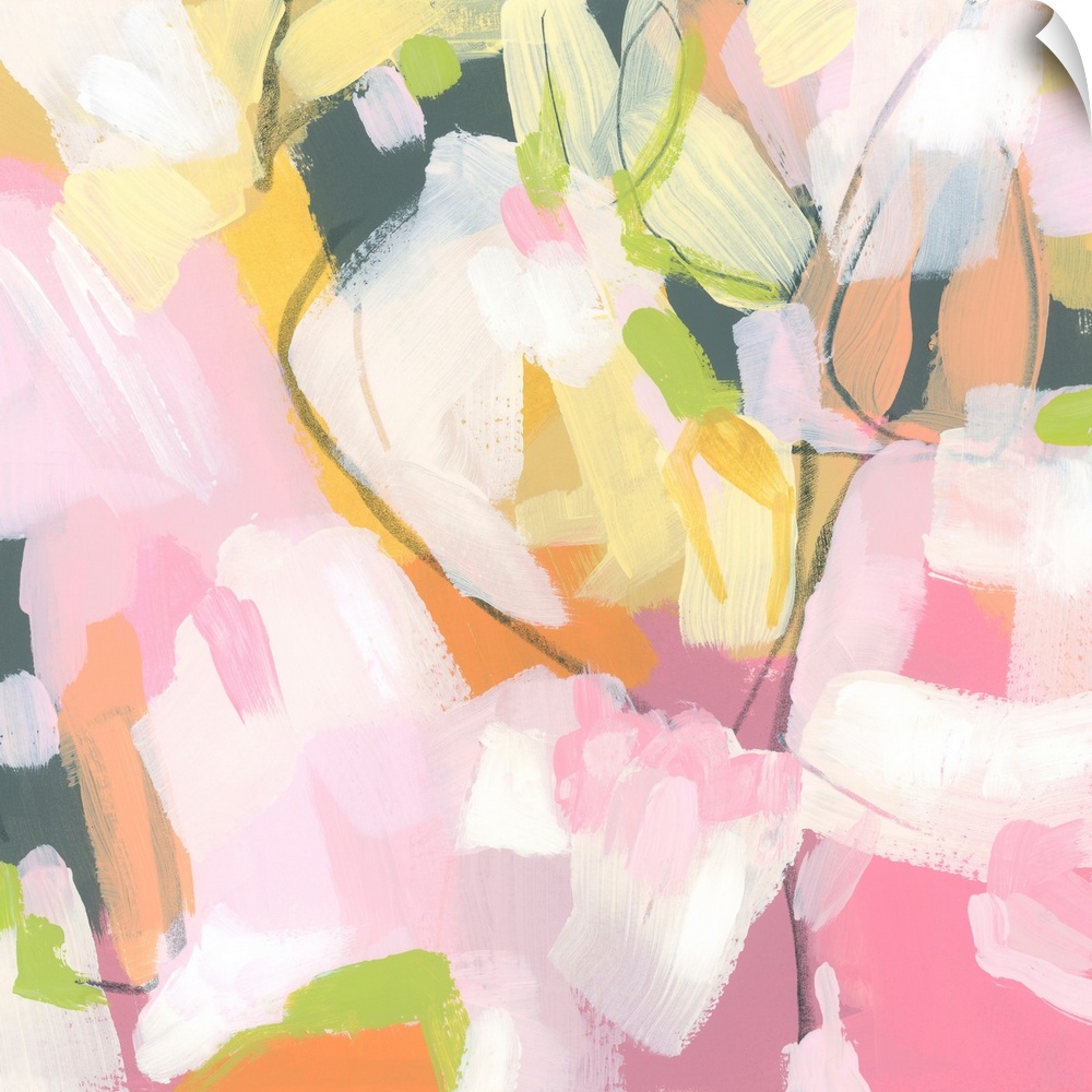 A bright abstract contemporary painting in pastel and citrus colors and wide brushstrokes