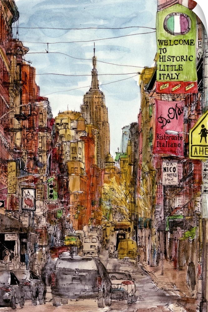 Illustration of a street scene with skyscrapers in New York City.