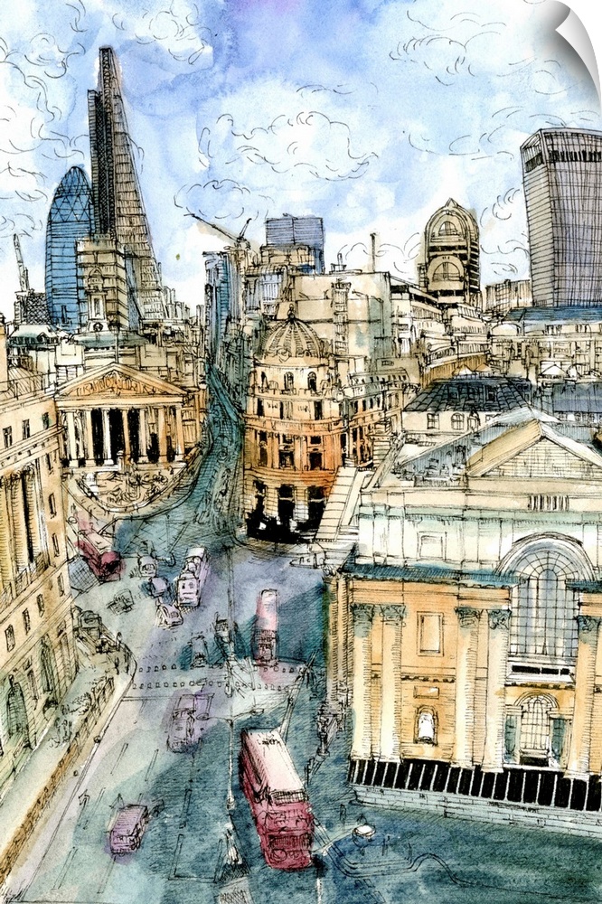 Watercolor illustration of a street scene in downtown London, England.