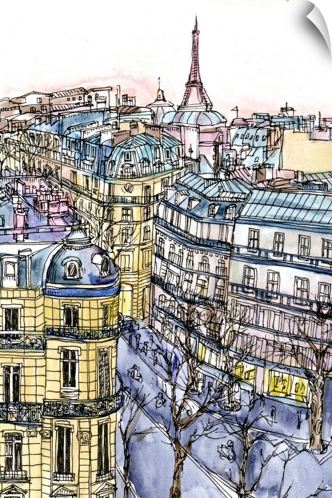 Illustrated cityscape of Paris with a view of the Eiffel Tower and urban buildings.