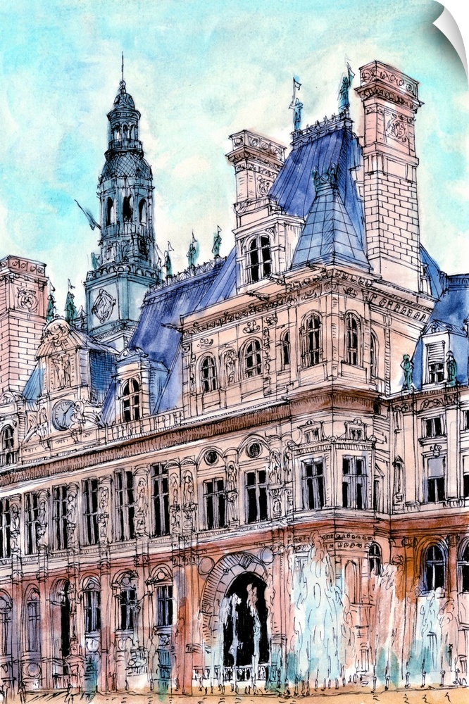 Illustration of a historic building seen from the city street.