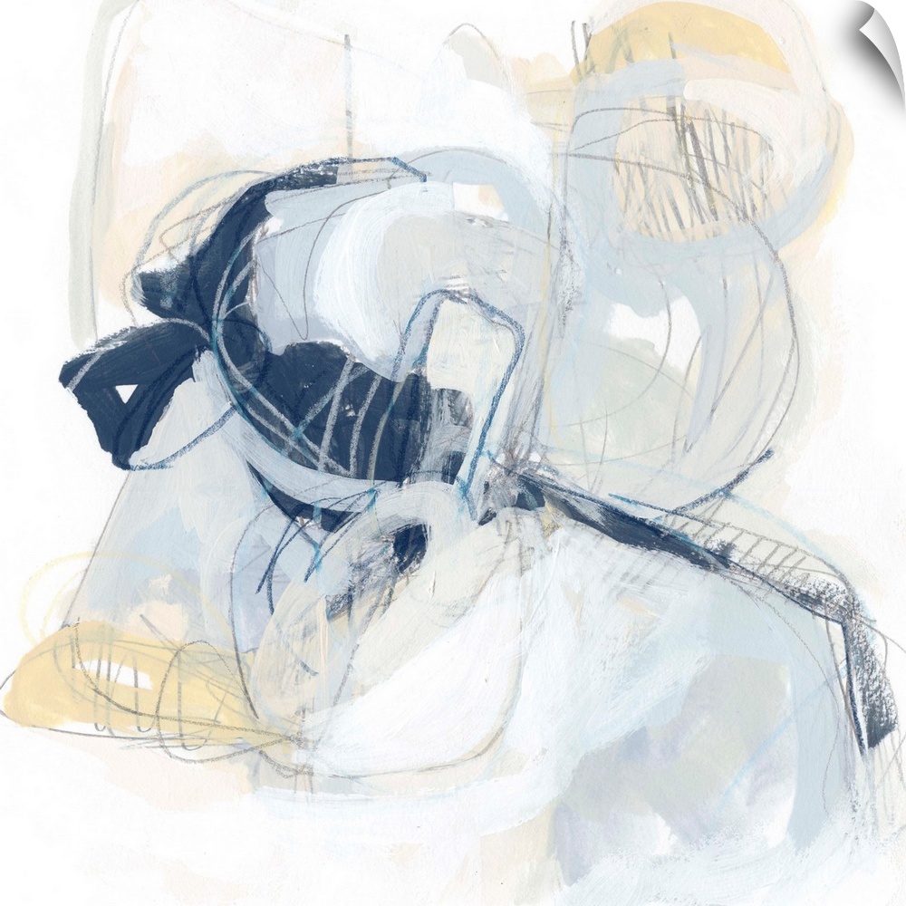 Square abstract painting in yellow, gray and white in overlapping circular shapes with fine scribble lines of gray and blue.