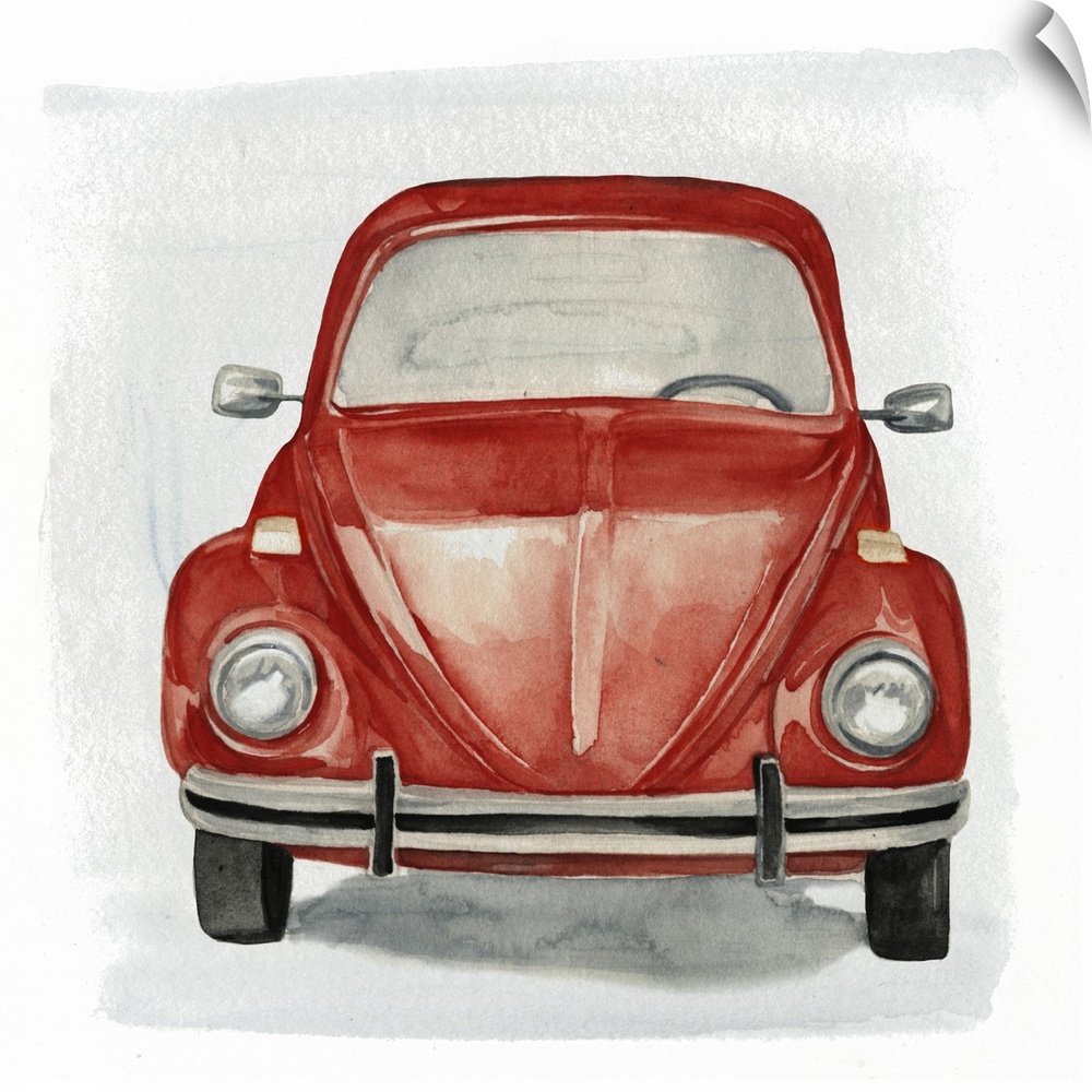 Decorative artwork of a classic red Volkswagen Beetle on gray and white backdrop.