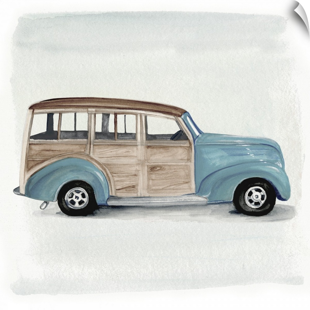 Decorative artwork of a classic blue woody station wagon on gray and white backdrop.