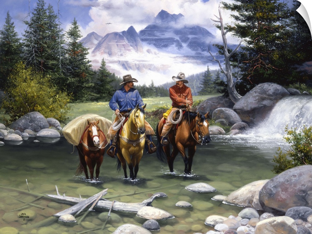 Contemporary Western artwork of two cowboys and their horses crossing a mountain stream,