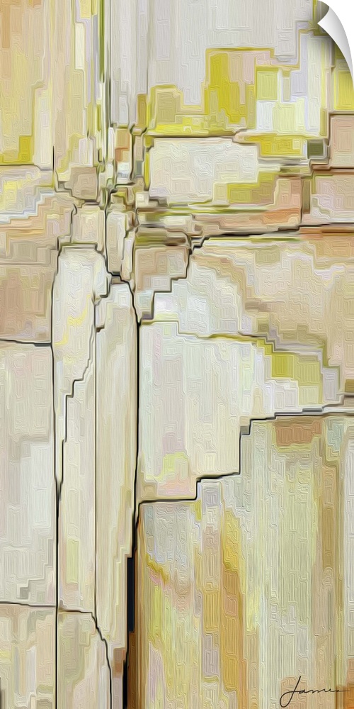 Contemporary abstract artwork using earth tones and jagged lines to create what looks like cliffs.