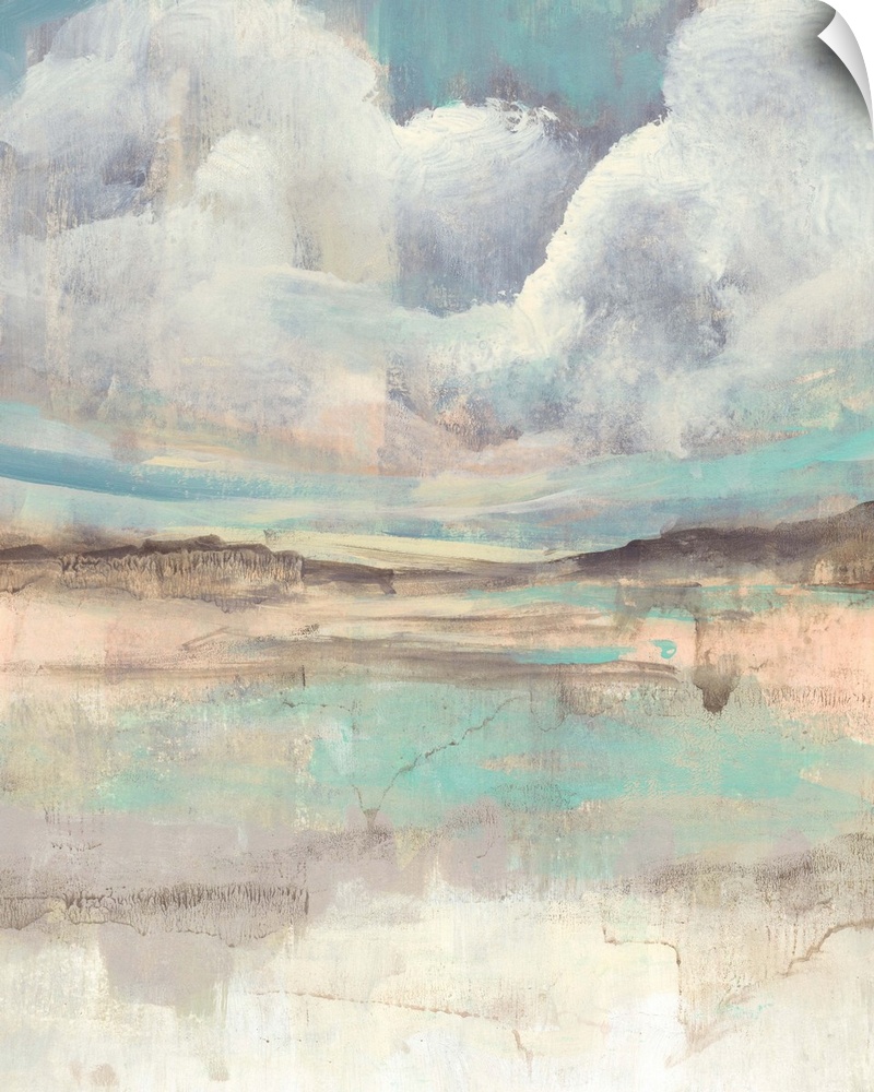 Contemporary abstract with clouds hovering over a multi-colored landscape.