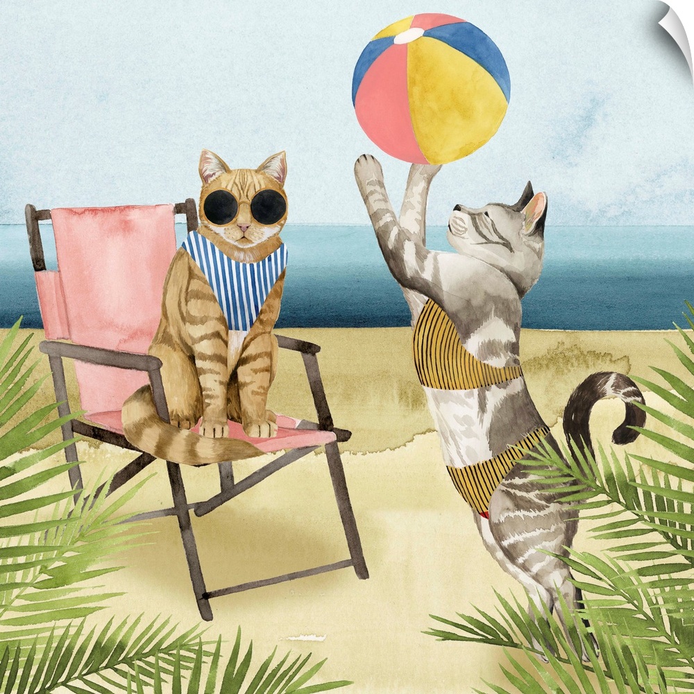 Decorative square painting of cats wearing bathing suits on a beach.