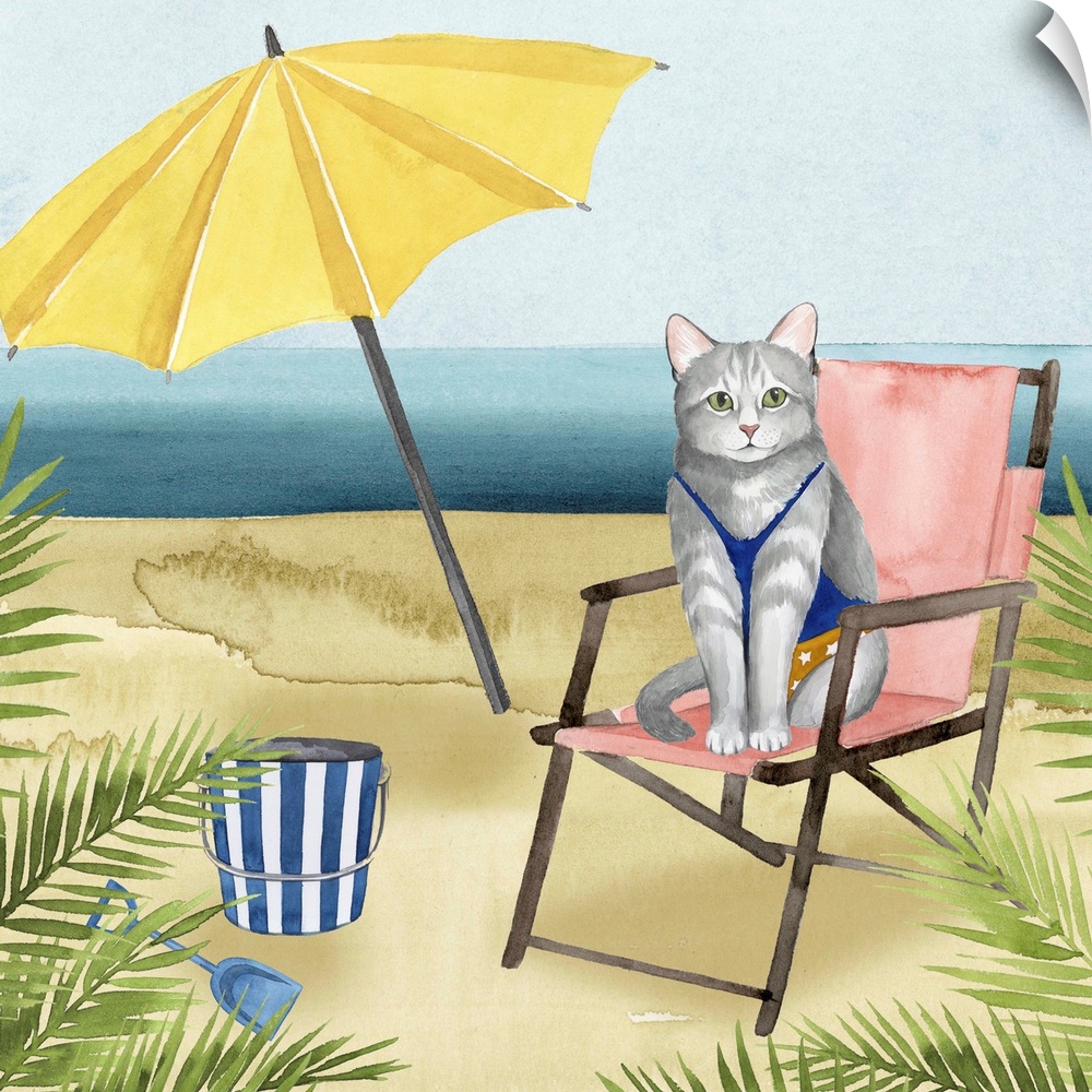 Decorative square painting of a cat wearing a bathing suit sitting on the beach.