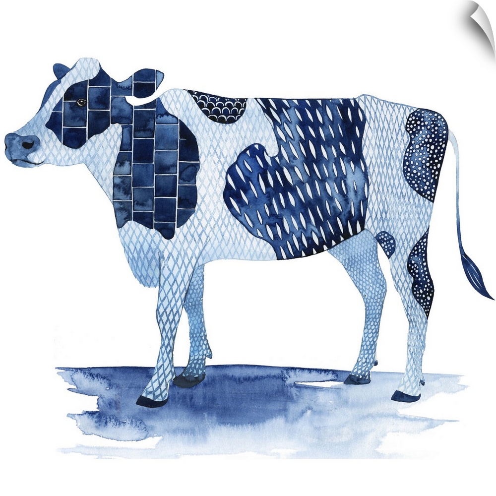 In this contemporary artwork, a pleasant farm animal is adorned by different patterns in shades of blue.